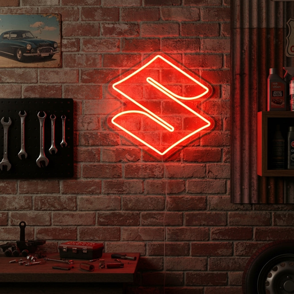 Red S emblem neon sign glowing on a brick wall in a garage, showcasing the Suzuki-style automotive logo in a modern lifestyle setting.