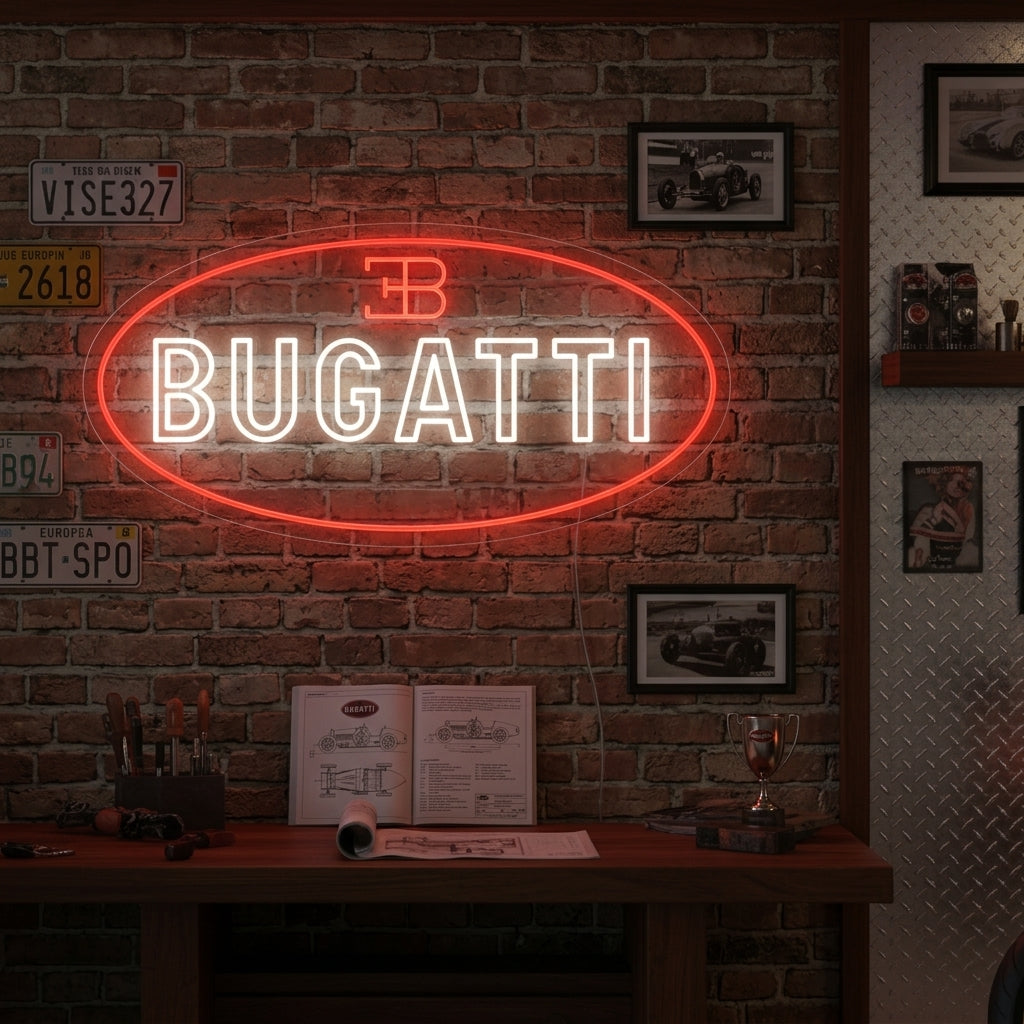 An AI-generated mockup showing a red and white Bugatti emblem neon sign displayed as a stylish glowing centerpiece in a modern automotive garage environment.
