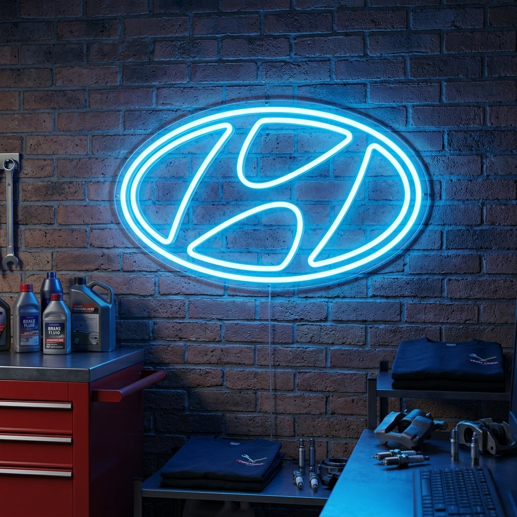 A glowing blue H logo neon sign on a dark textured brick wall in a garage, showcasing a modern look with real depth.