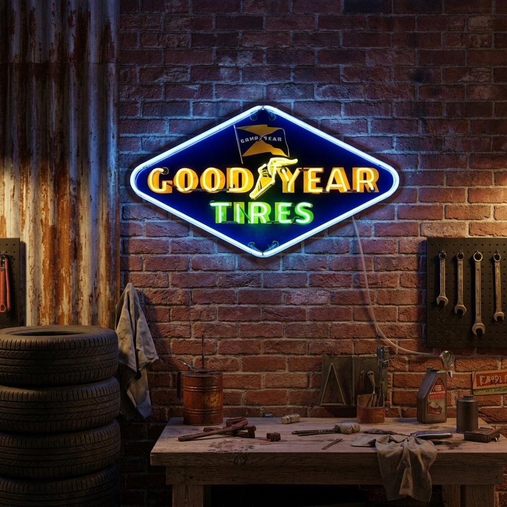 Lifestyle mockup of the Retro Tire Company Logo neon sign glowing in a decorated room or workshop.