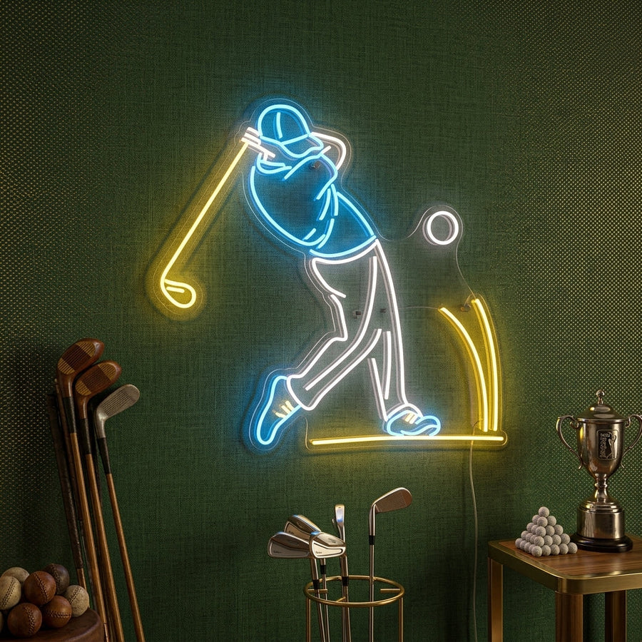 A glowing blue and yellow neon sign showing the silhouette of a golfer swinging a club, mounted on a wall in a contemporary lounge setting.