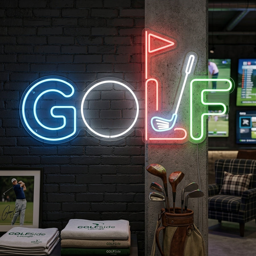 A stylish 'Golf' neon sign featuring a golf club and flag design, displayed on a wall in a home setting.