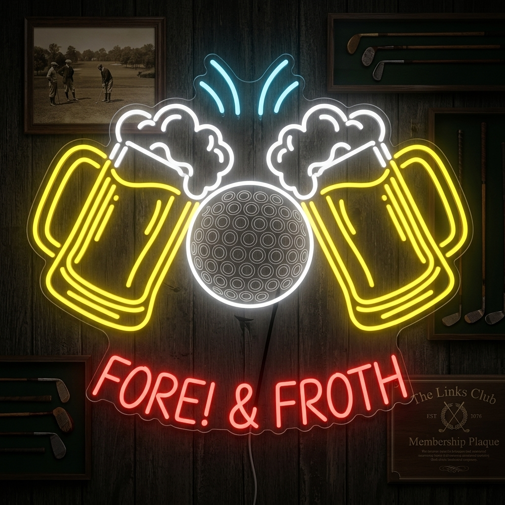 A stylish 'Fore & Froth' neon sign glowing on a textured brick wall in a cozy home bar or man cave setting.