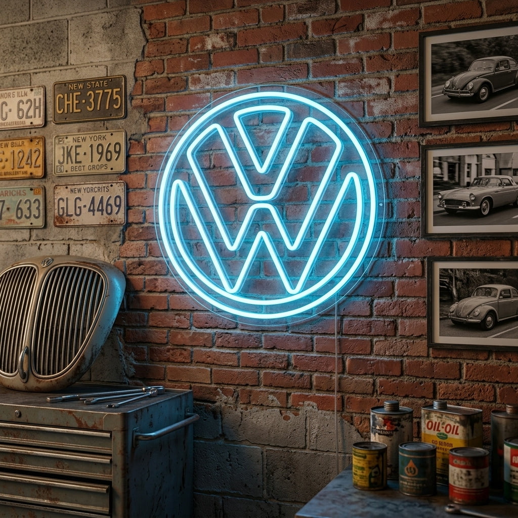 A lifestyle mockup showing the VW logo neon sign glowing in a modern room setting.