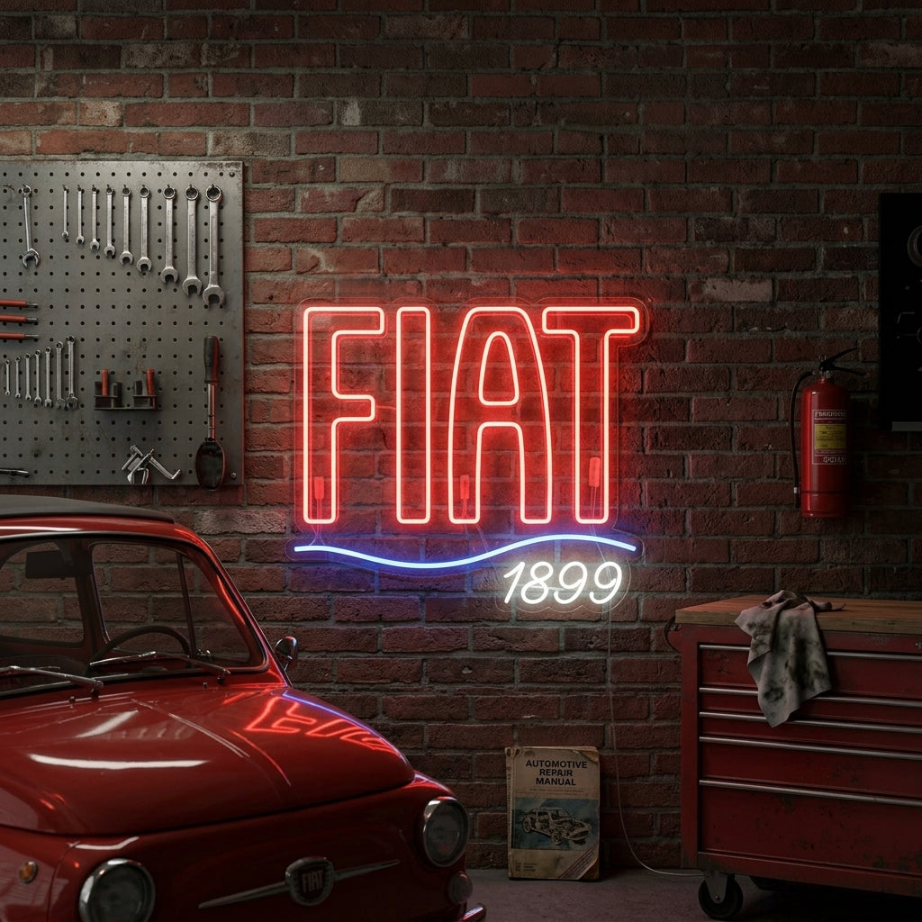 Fiat 1899 neon sign mounted in a modern home garage, shining vibrantly above a classic car.