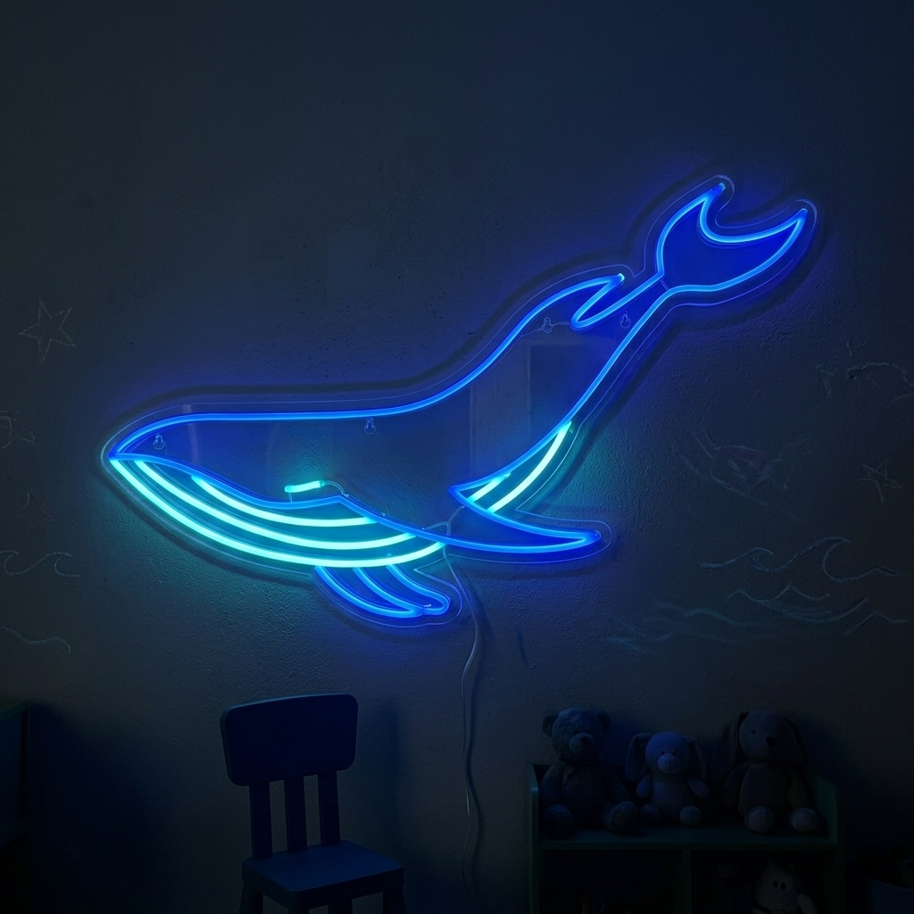 A blue whale neon sign with bright blue tubing glowing on a simple wall, mounted on an acrylic backing.