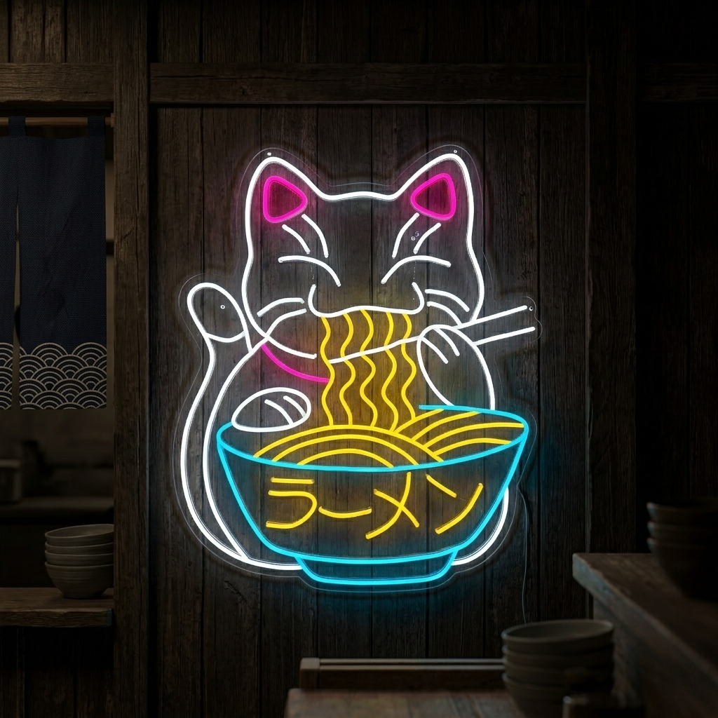 A colorful Fortune Cat neon sign, glowing bright red, blue, green, and yellow on a clear acrylic background against a white brick wall.