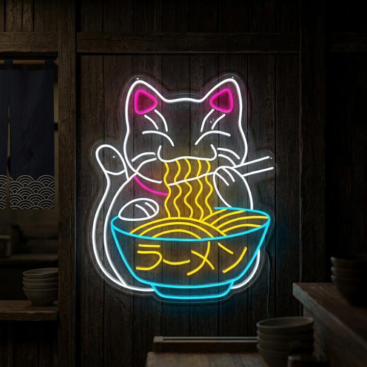 "Fortune Cat" Neon Sign, Ramen Cat Neon Sign, Japanese Noodles Neon Sign