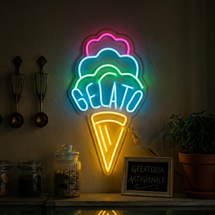 A close-up photograph of a glowing 'Gelato' neon sign mounted on a textured brick wall above an ice cream counter, casting a warm light on surrounding items.