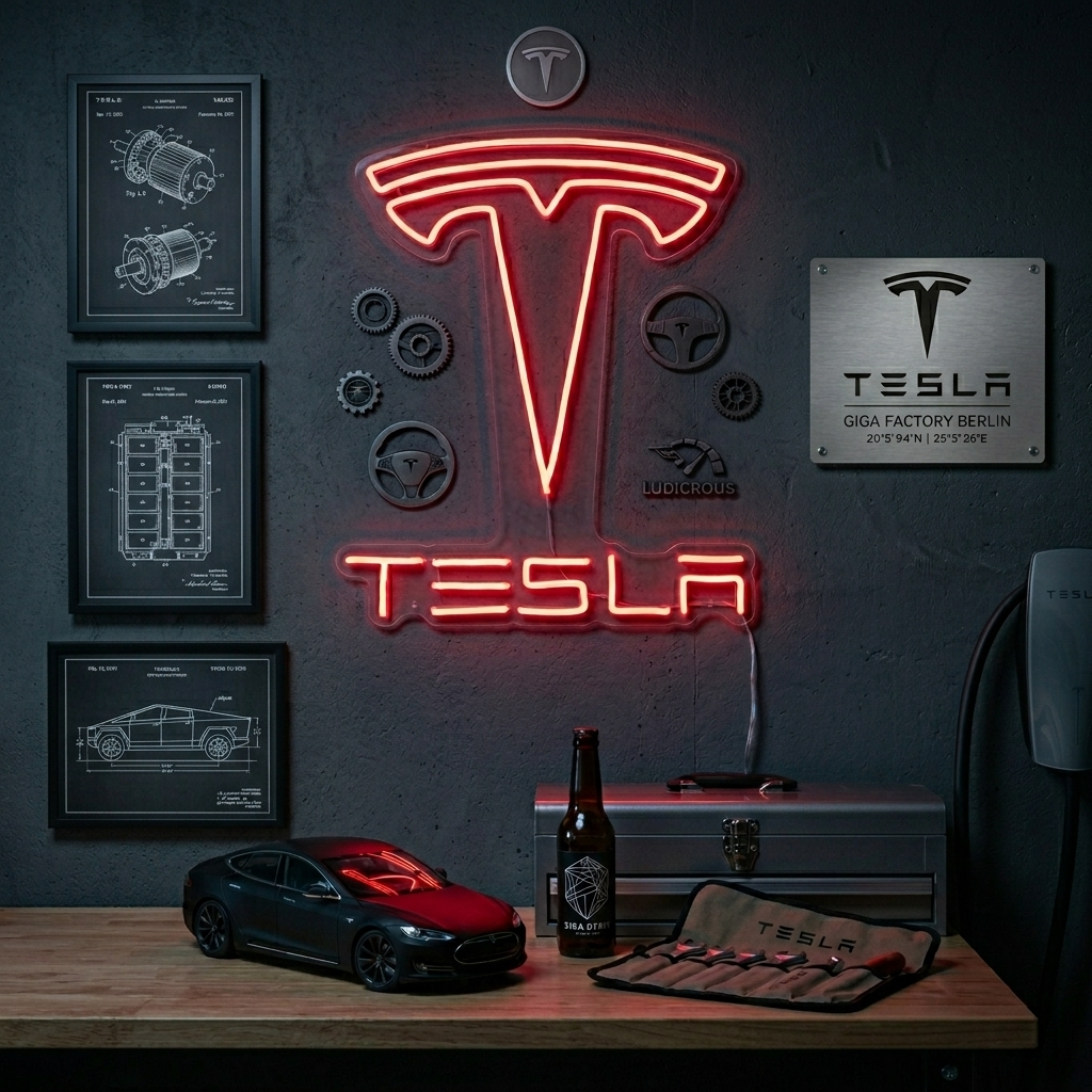A glowing red and white Tesla neon sign mounted on a textured brick wall in a workshop setting.