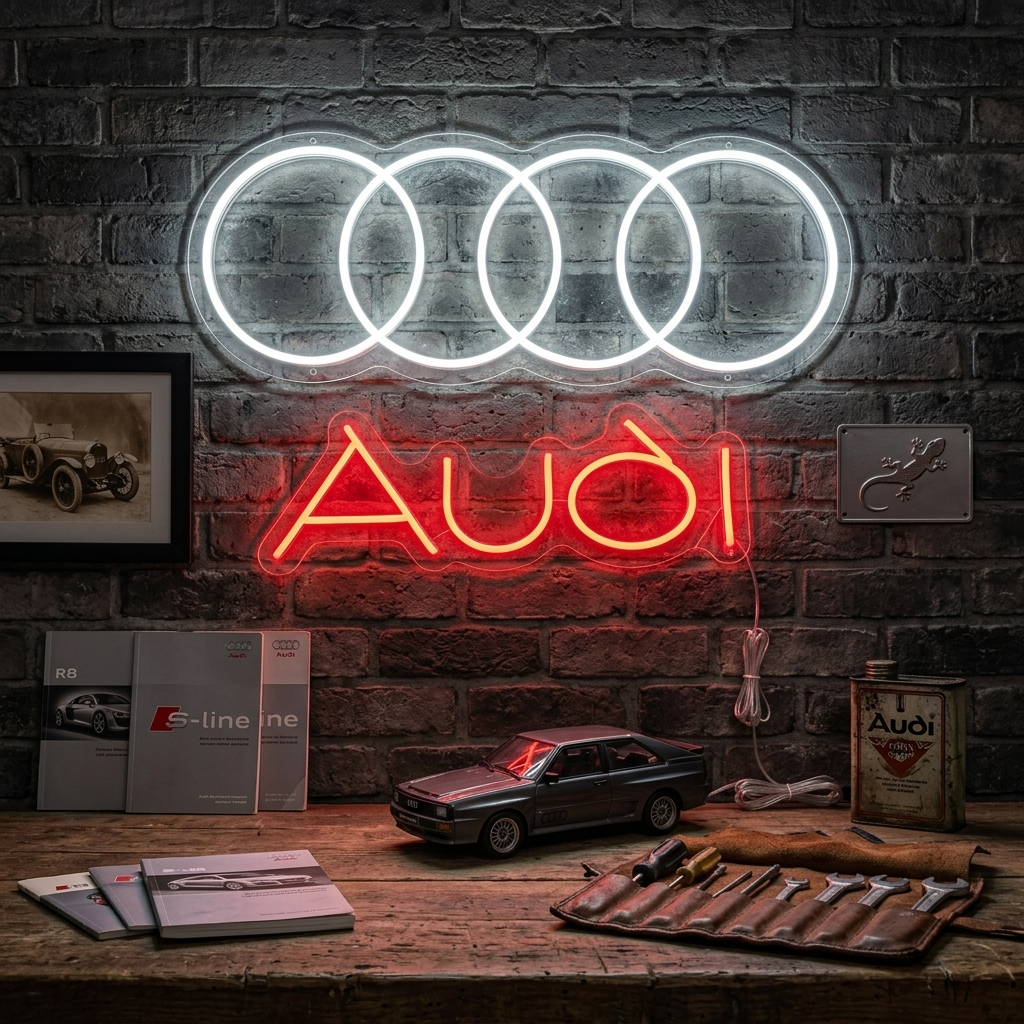 Handcrafted white four circles neon sign illuminated and mounted on a textured brick wall in a rustic garage setting, showing wiring and natural bloom.