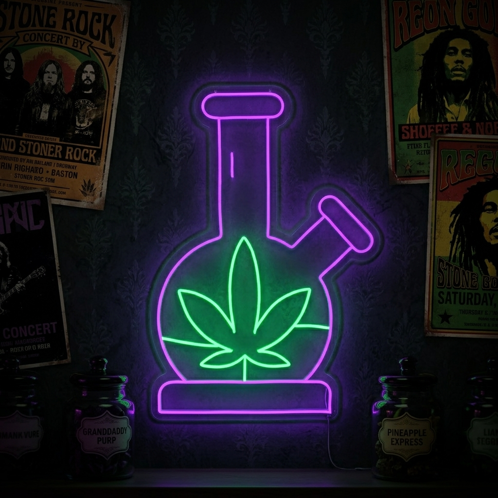 A glowing blue 'Bong Cannabis' neon sign mounted on a stylized wall, surrounded by framed art posters. The sign casts a vibrant blue light, highlighting its design.