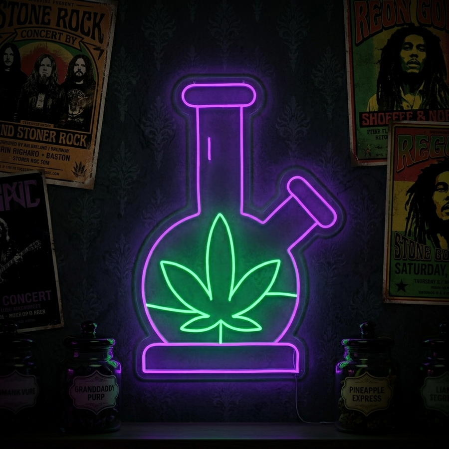A glowing blue 'Bong Cannabis' neon sign mounted on a stylized wall, surrounded by framed art posters. The sign casts a vibrant blue light, highlighting its design.
