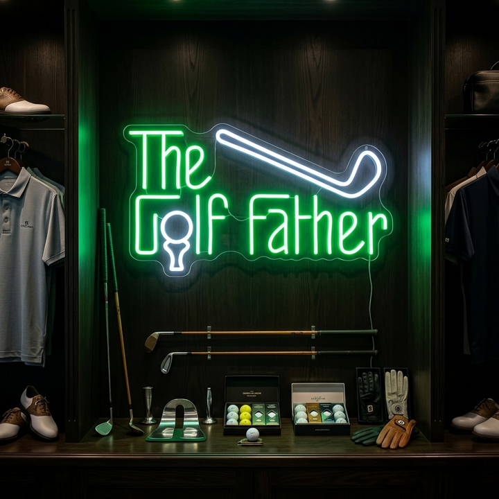 The Golf Father neon sign glowing in white script against a textured dark background, mounted on a clear backer.