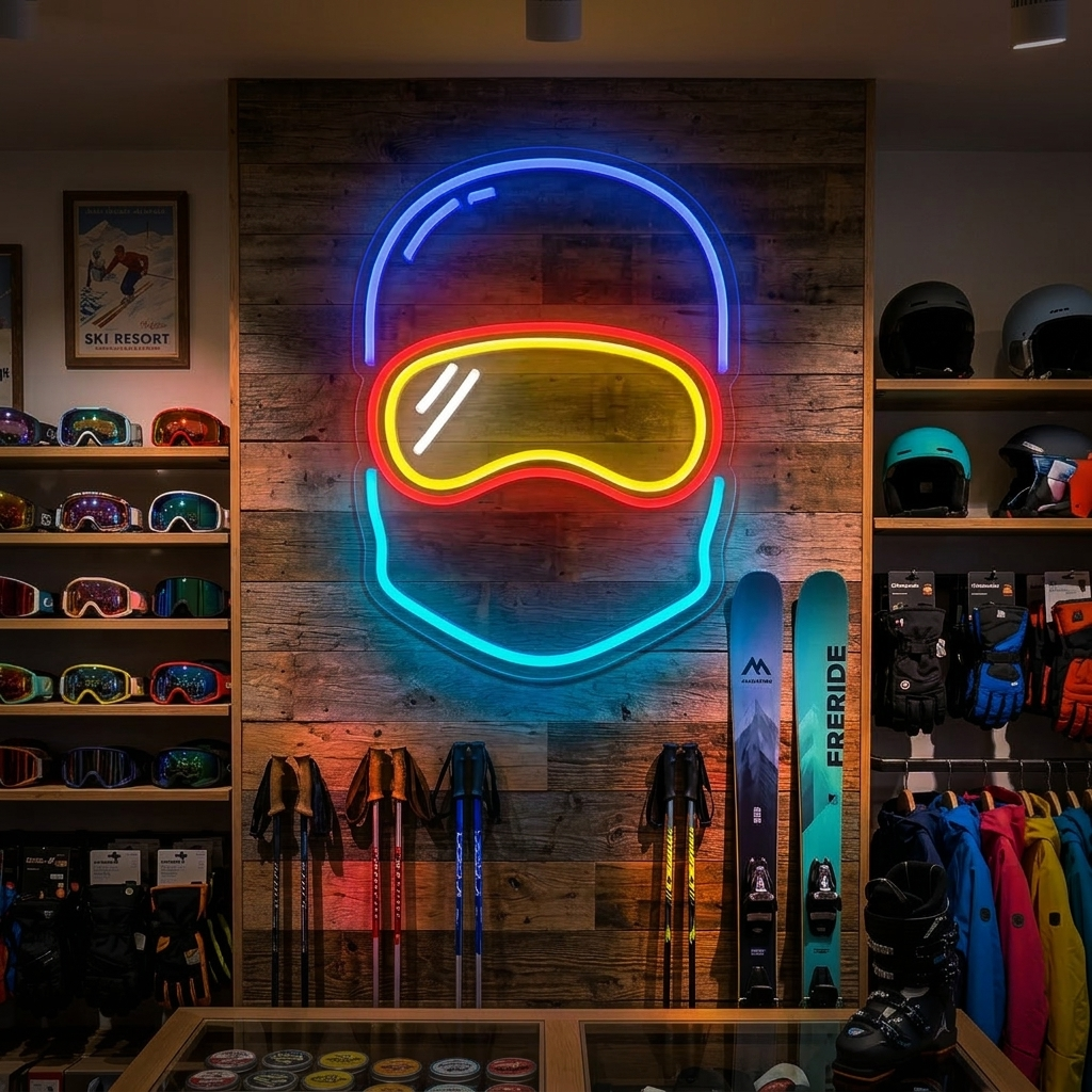 A illuminated blue and white neon sign shaped like a snowman snowboarding, mounted on a wall.