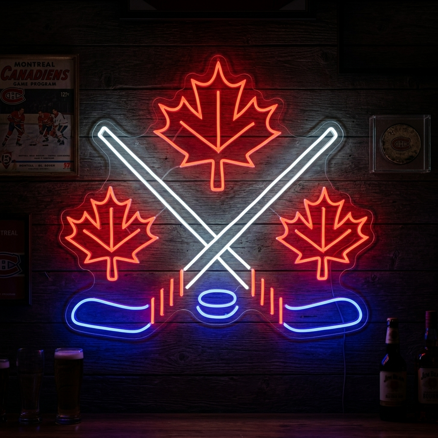 A glowing neon sign depicting a maple leaf superimposed over crossed hockey sticks, mounted on a clear backboard against a brick wall.