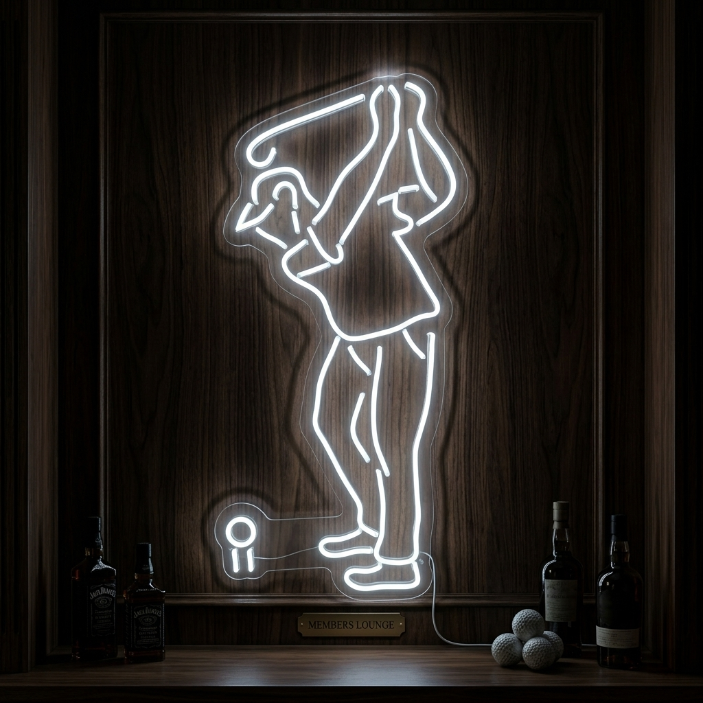 A close-up photograph of a physical neon sign showing a golfer in full swing, mounted on a clear acrylic backboard with visible tubes and wiring, glowing brightly against a dark, industrial background.