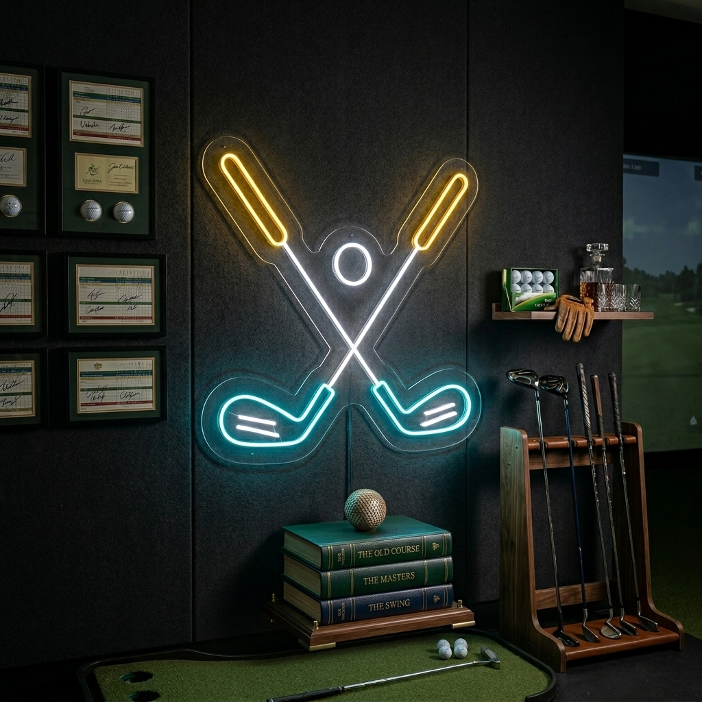 Golf ball and golf club neon wall decor glowing in a decorated man cave setting.