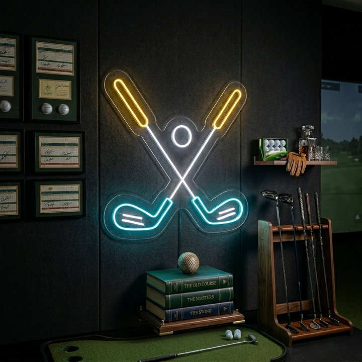 Golf ball and golf club neon wall decor glowing in a decorated man cave setting.
