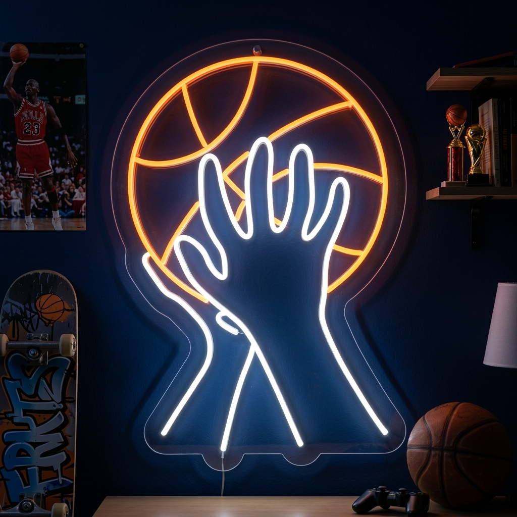 A physical neon sign showing an orange outline of a basketball player taking a jump shot against a black wall.