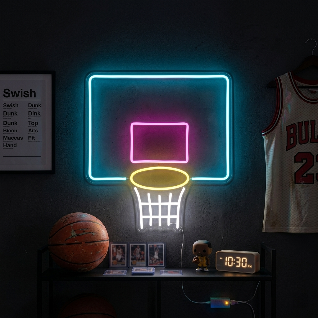 Handcrafted neon sign of a basketball hoop and net mounted on a brick wall, glowing bright orange and white in a room with basketballs.