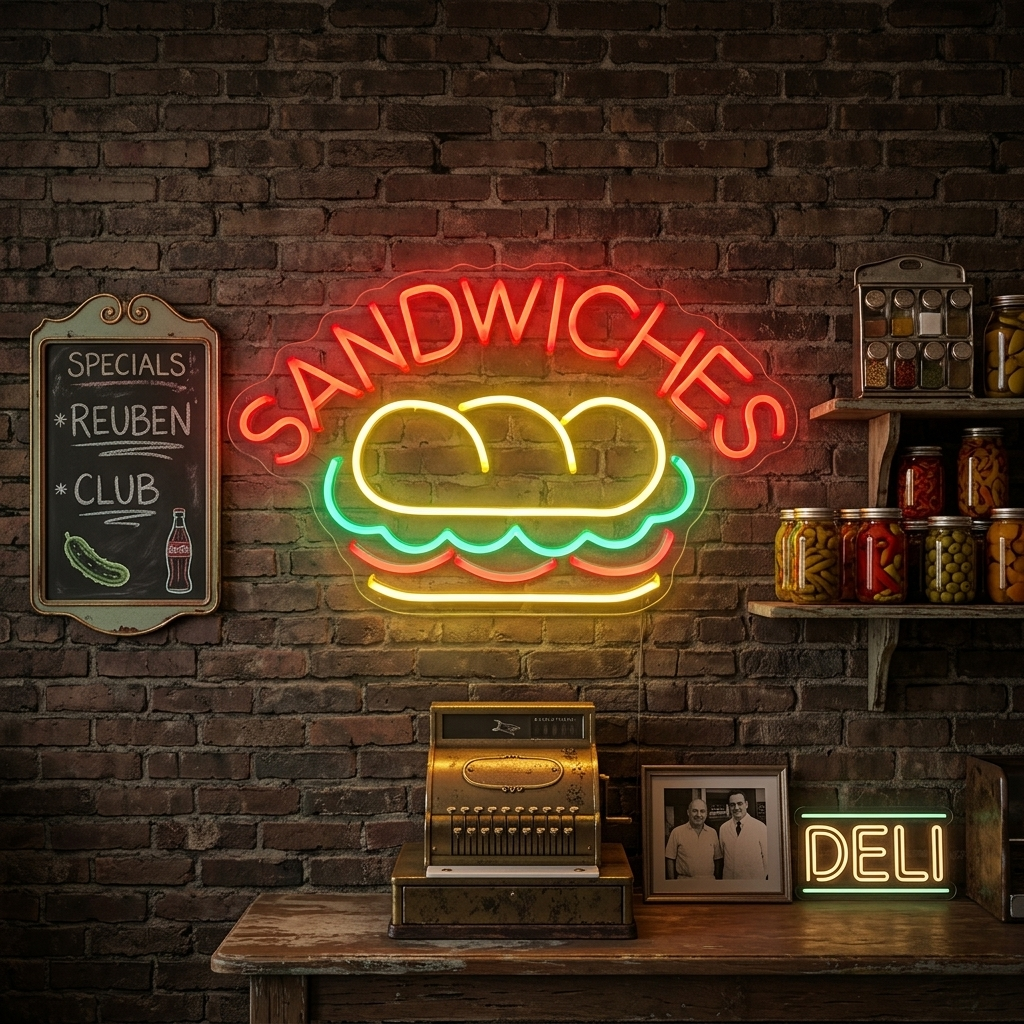 The 'SANDWICHES FOOD' neon sign glowing on a counter in a stylized cafe, next to a cash register.