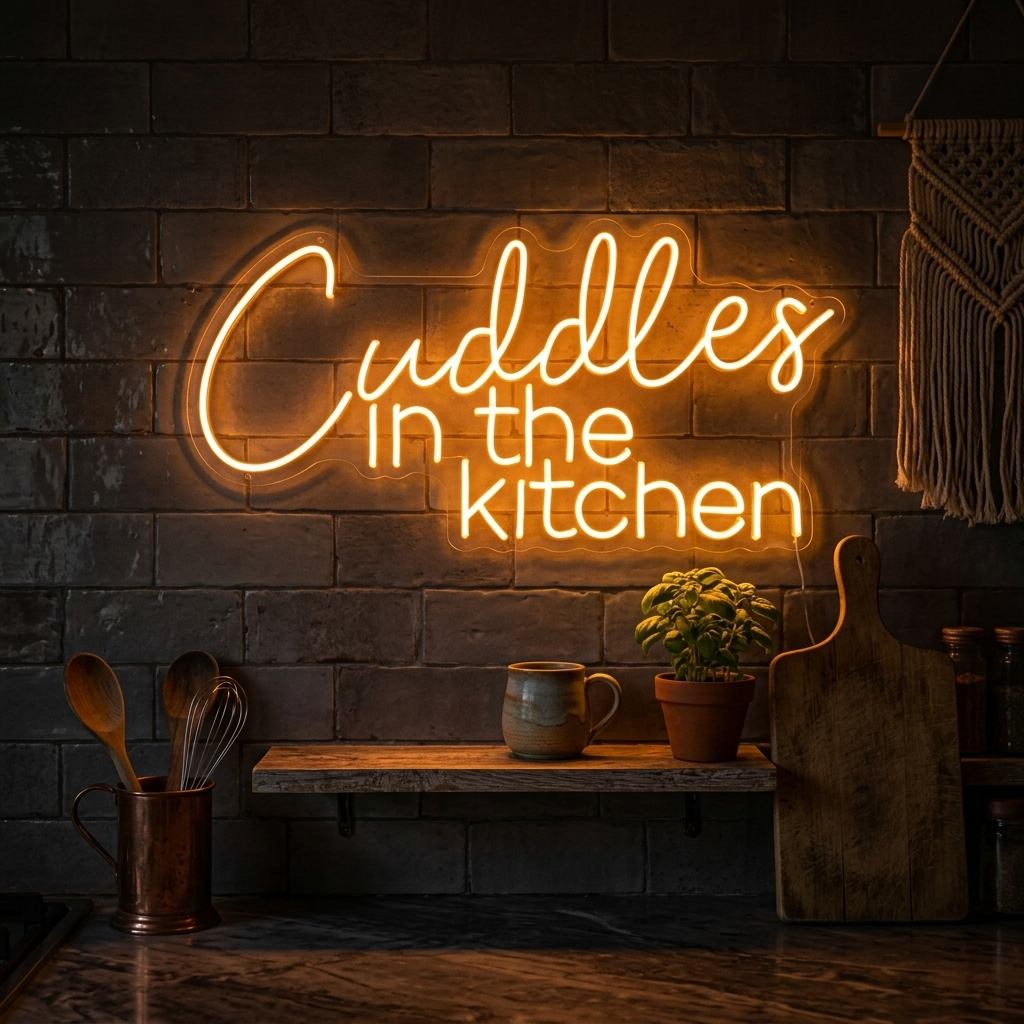 A close-up shot of the white neon script sign reading 'Cuddles in the Kitchen' with subtle glows reflecting off a textured white wall.