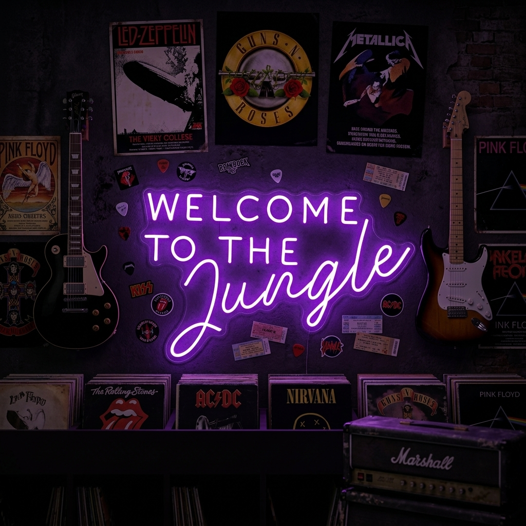 A vibrant 'Welcome to the Jungle' neon sign lit up in green, mounted on a rustic stone wall surrounded by potted tropical plants.