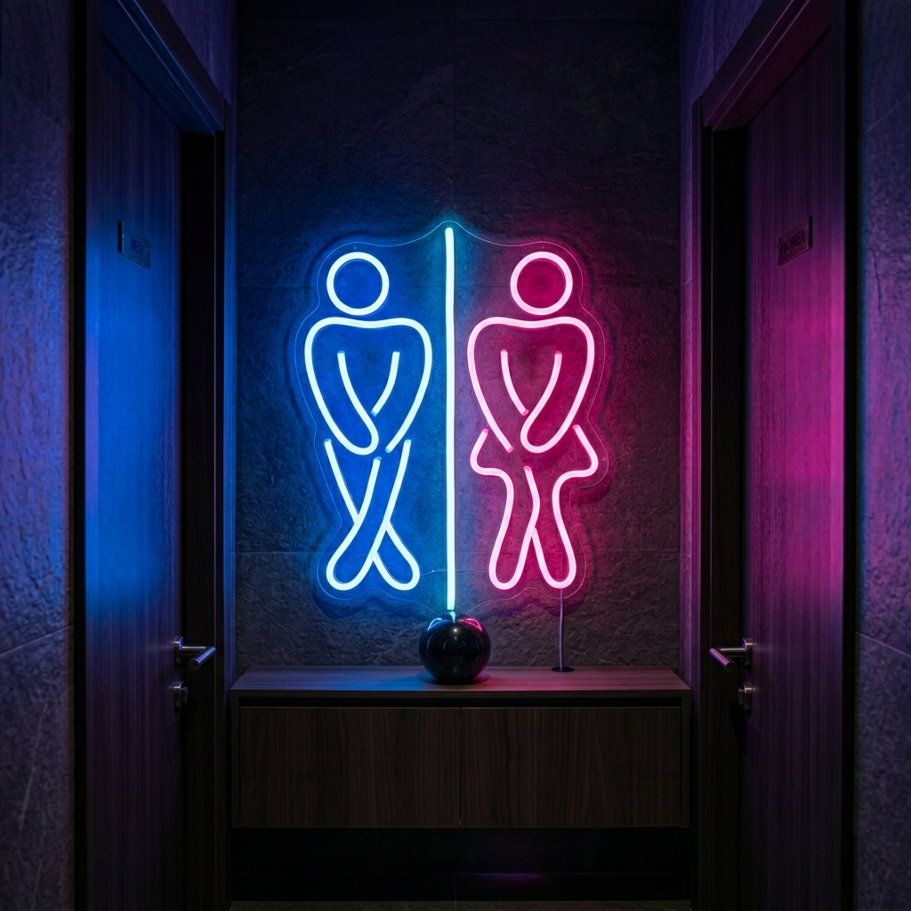 A physical photograph of a glowing Restroom Boy and Girl Toilet neon sign hanging on a wall in a clean bathroom hallway.