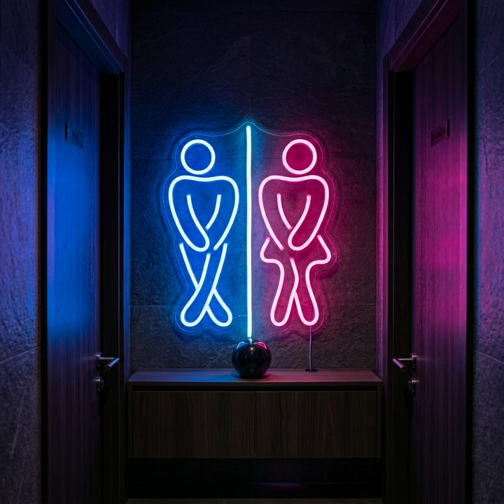 A physical photograph of a glowing Restroom Boy and Girl Toilet neon sign hanging on a wall in a clean bathroom hallway.
