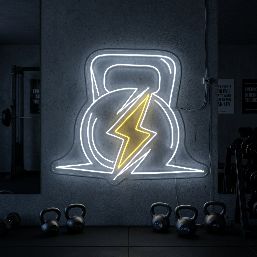 A "Gym Power Fitness" neon sign displayed as motivational wall decor in a modern home gym, hanging above a rack of weights and a yoga mat.
