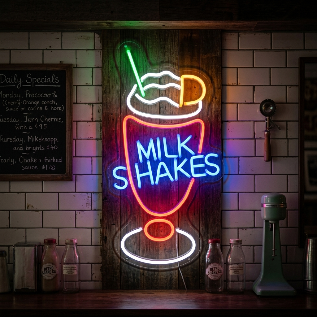 A physical handcrafted neon sign displaying the words 'Milk Shakes' and a milkshake icon, glowing bright orange and pink in a retro diner setting.