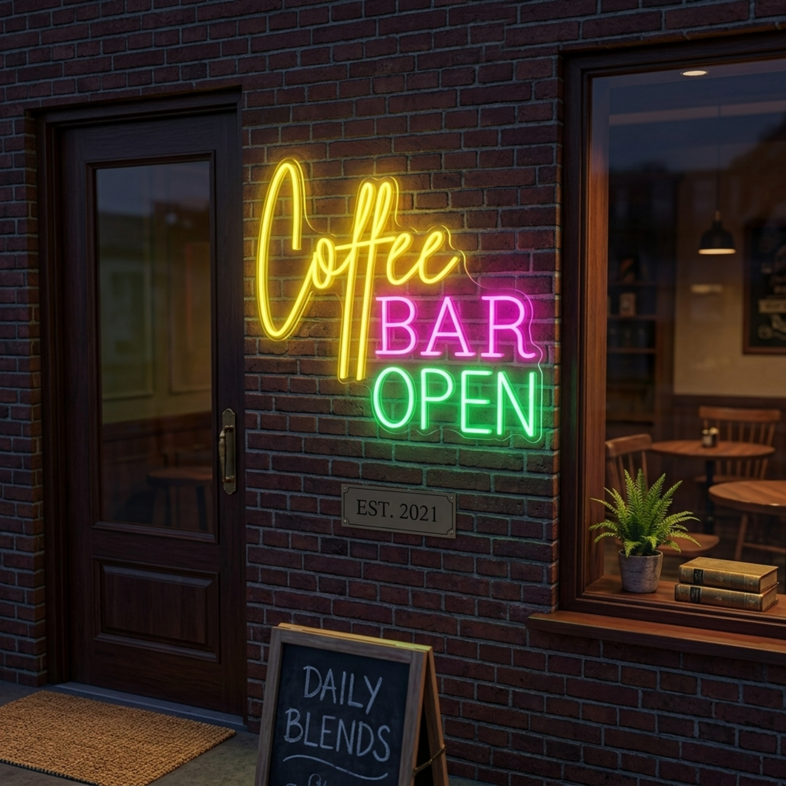 A vibrant red Coffee Bar Open sign glowing on an exposed brick wall above a cozy coffee shop counter.