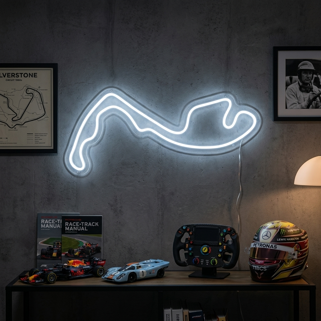 A physical "Monaco F1 Track" neon sign glowing brightly in a detailed garage or shop setting, showing mounting hardware and power cord.
