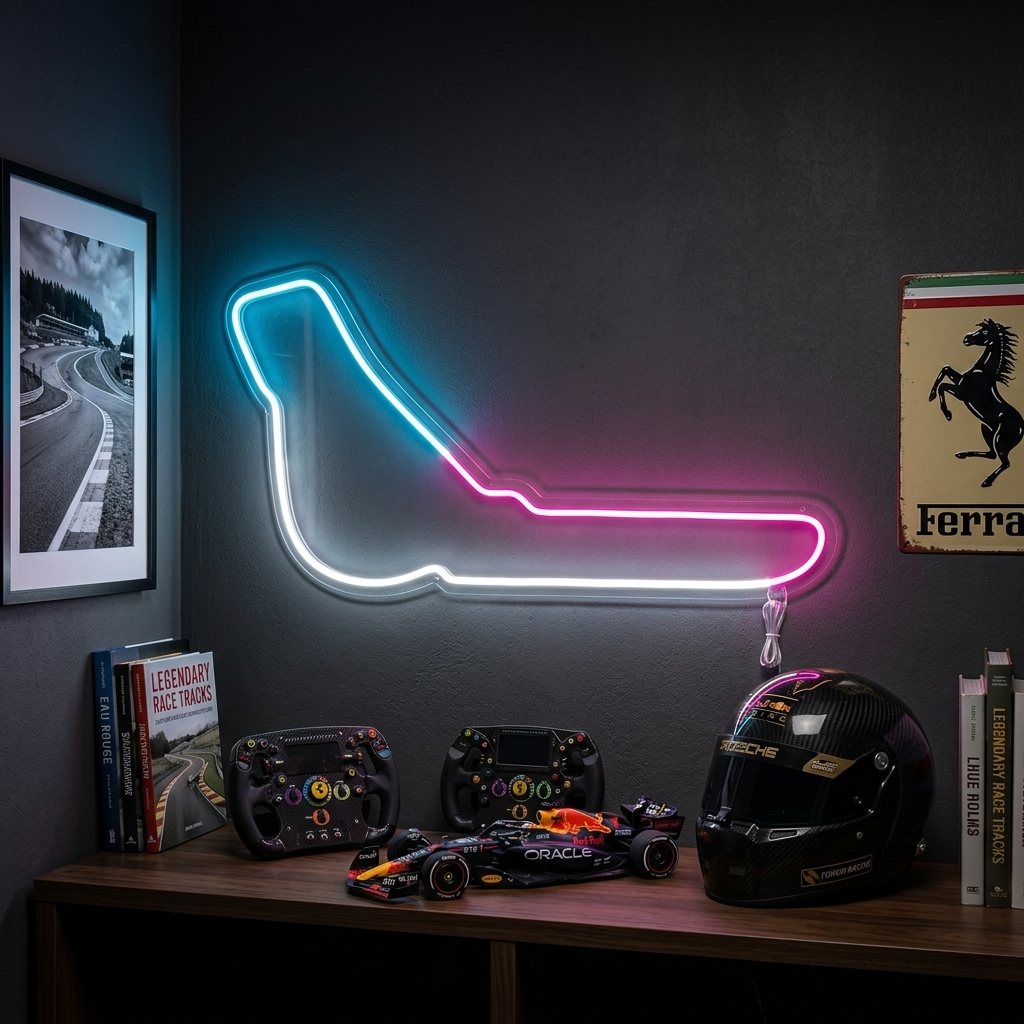 A glowing red neon sign depicting the outline of the Italy Monza F1 track mounted on a wall in a home setting.
