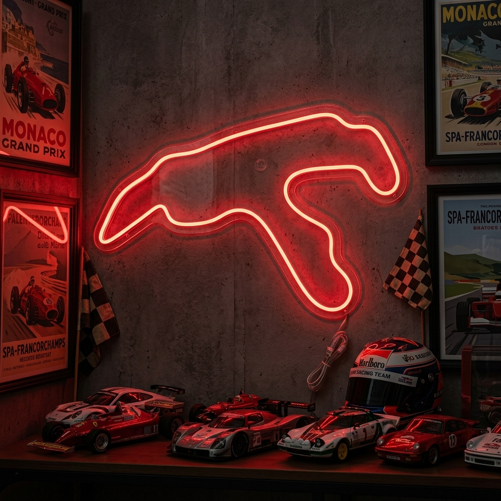 A real photograph showing a lit white Belgium F1 track layout neon sign mounted on a textured wall within a garage or room filled with racing memorabilia and model cars.