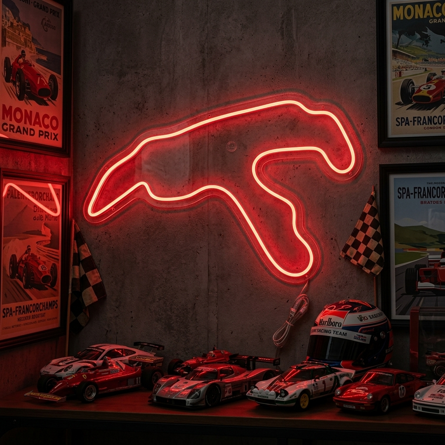 A real photograph showing a lit white Belgium F1 track layout neon sign mounted on a textured wall within a garage or room filled with racing memorabilia and model cars.