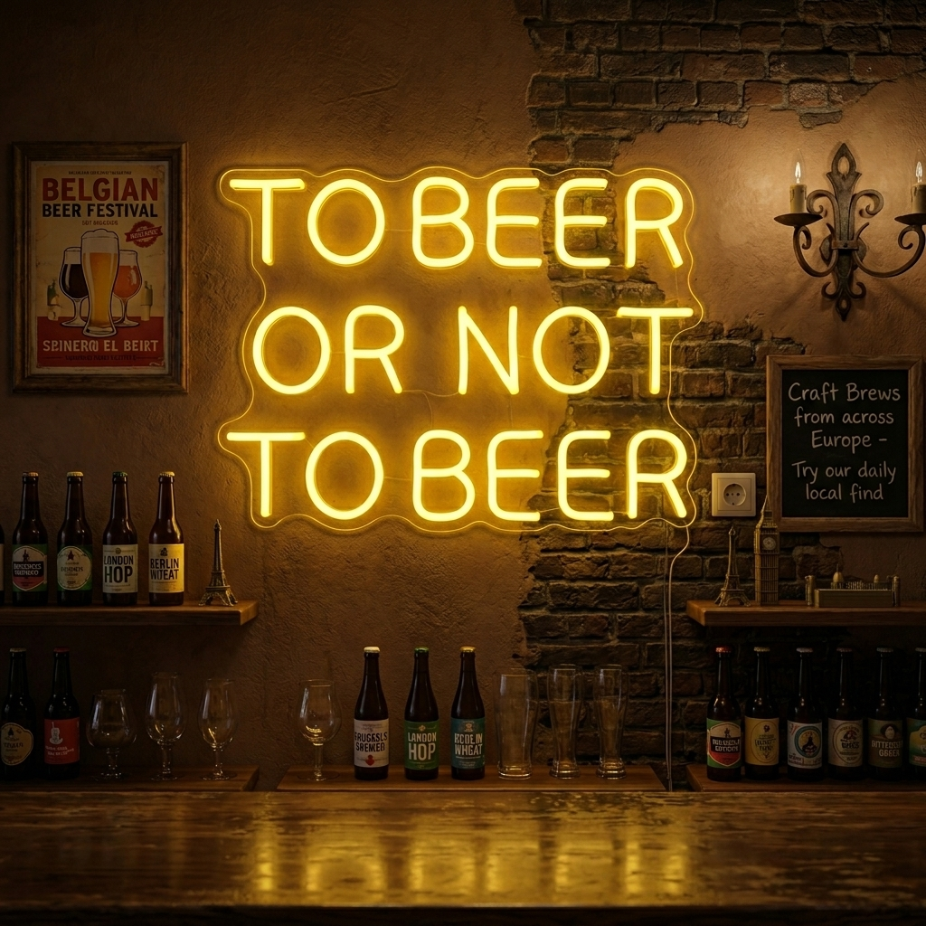 Close-up photograph of an lit 'To Beer or not to Beer' neon sign with an acrylic backboard mounted in a dimly lit bar setting.