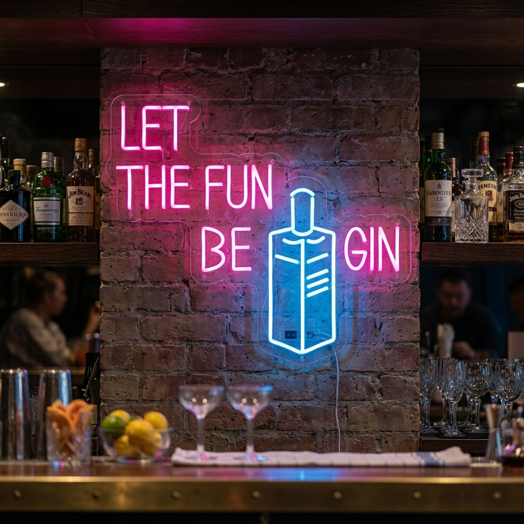 A real photograph of a glowing white 'Let Fun be Gin' neon sign on clear acrylic backing, hanging in a cozy home bar environment above shelves of bottles.