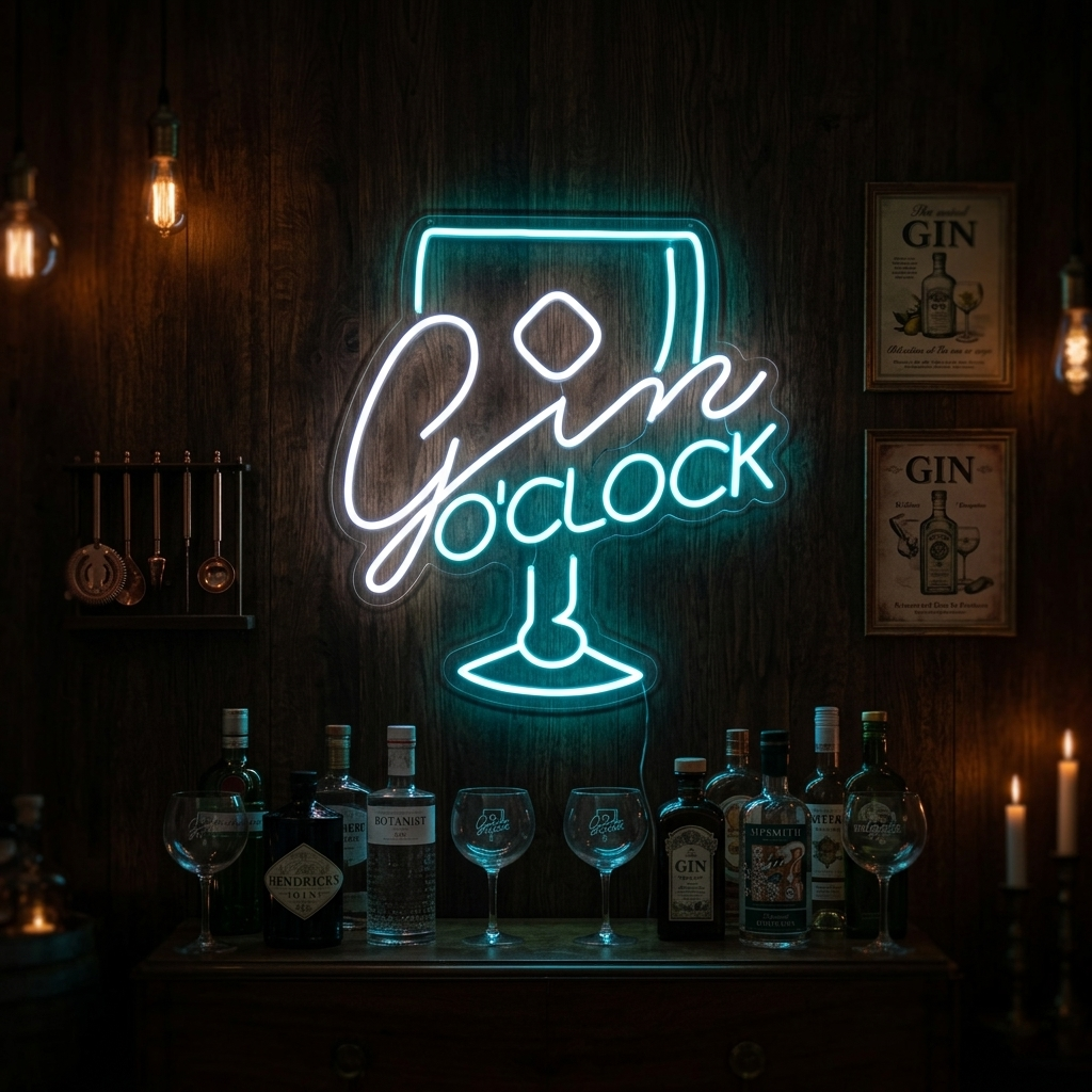A lit blue "Gin O'clock" neon sign with a gin glass illustration displayed on a wooden shelf above a well-stocked bar with various bottles and glasses.