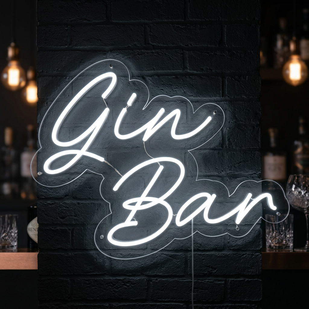 A real Gin Bar neon sign glowing with a warm pink light mounted on a rustic wooden wall above a fully stocked bar shelf featuring various liquor bottles and glassware in a dim atmosphere.