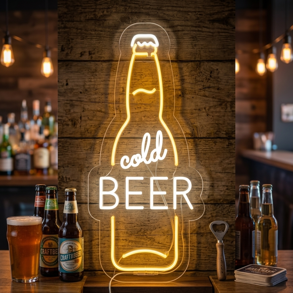 Illuminated neon wall sign shaped like a cold beer bottle glowing blue and amber above a bar counter.