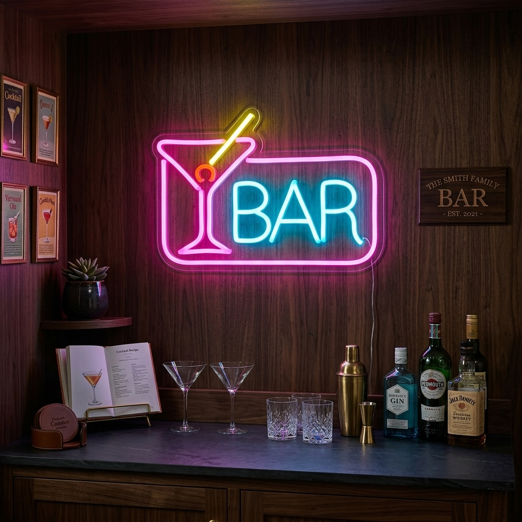 A vibrant 'Cocktail Bar' neon wall sign with glowing blue text and a red cocktail glass outline, mounted on a dark brick wall above a styled bar setup.