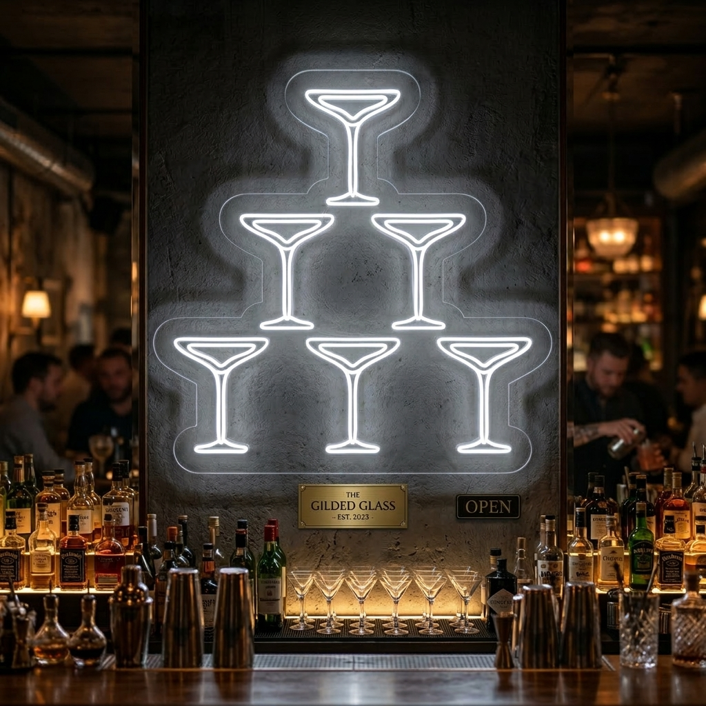 Detailed product shot showing the intricate white and red neon tube structure of the 'Champagne Glasses' bar sign mounted on a clear acrylic backing, depicting intertwined champagne and wine glass outlines.