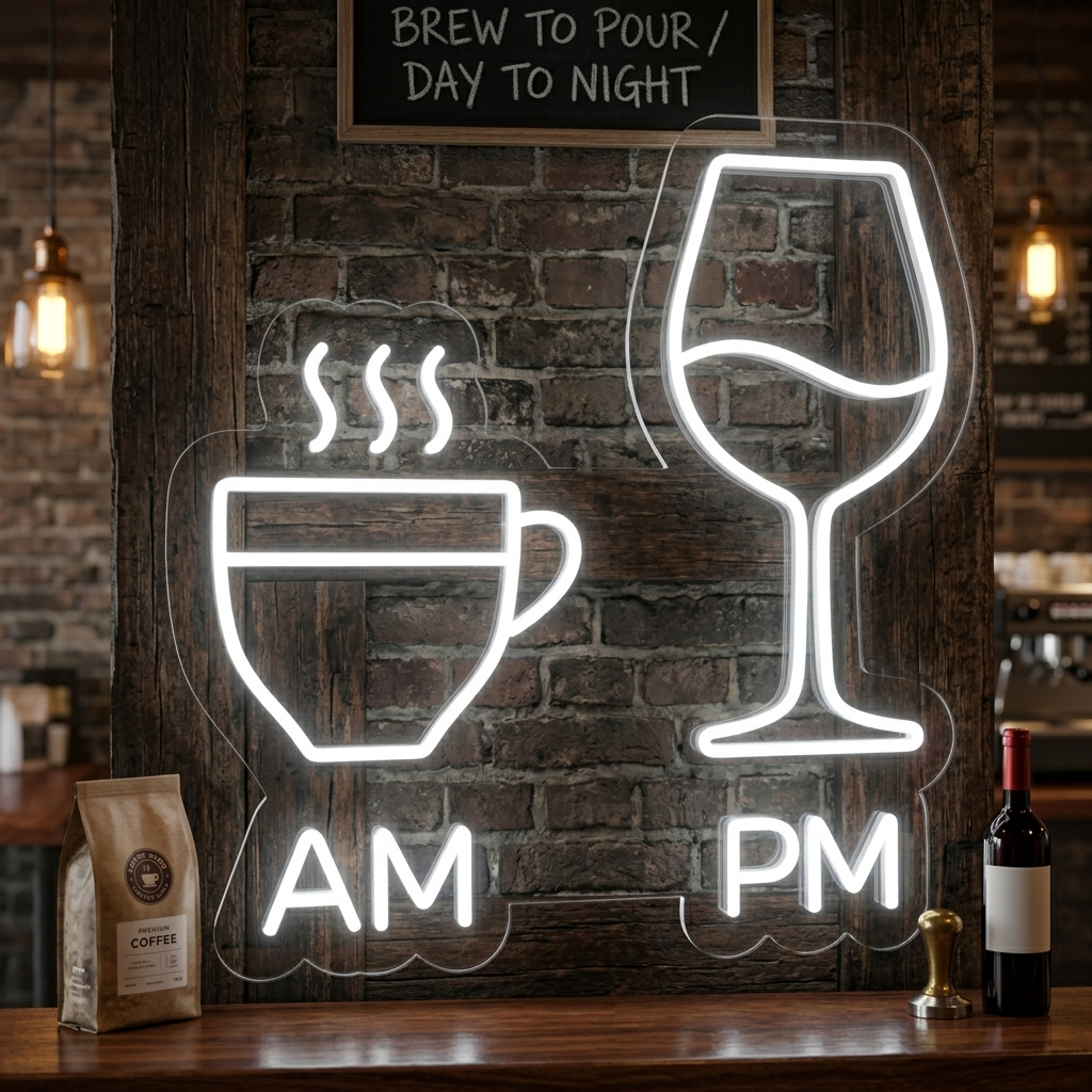 Am Coffee Pm Wine neon sign glowing above a modern home coffee station and wine rack