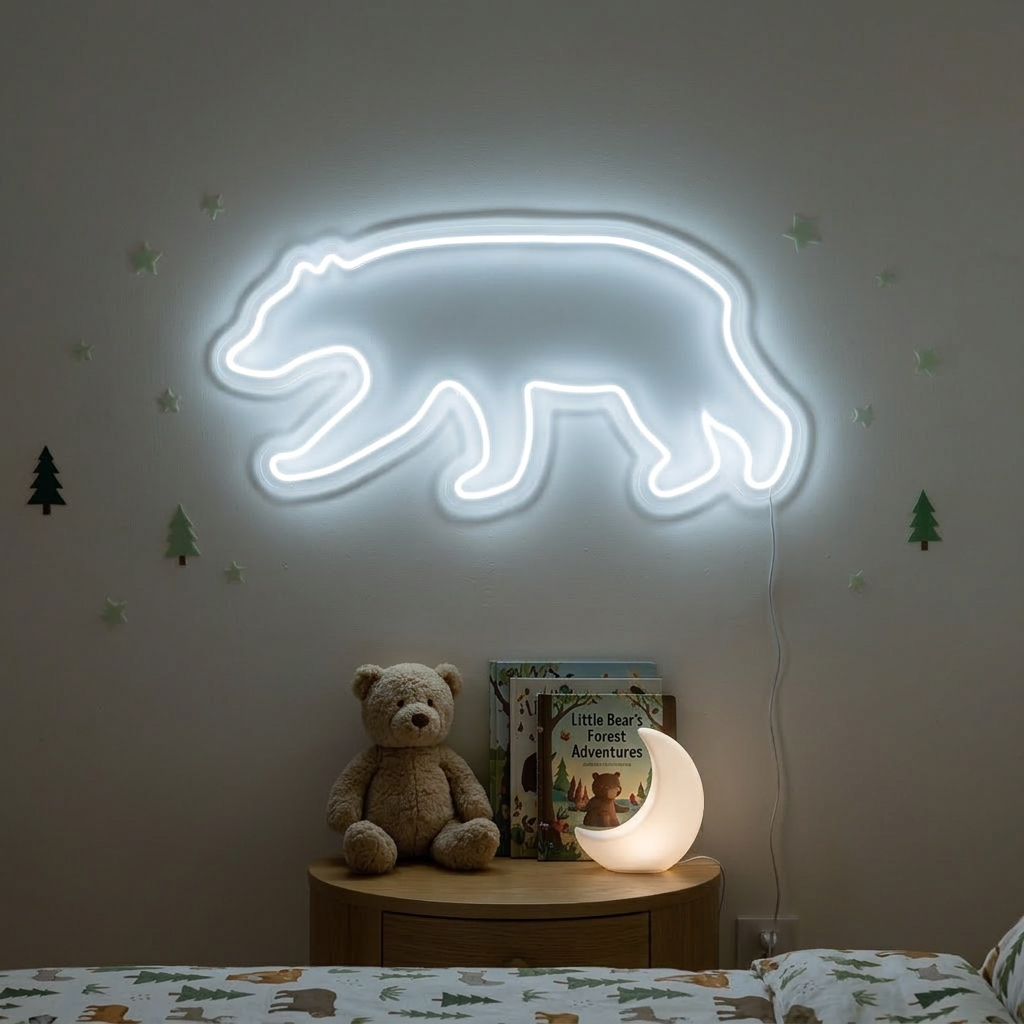 A physical photograph of an illuminated Bear neon sign mounted on a textured blue wall, showing realistic glow diffusion, power cord details, and other wall decals in a warm room setting.