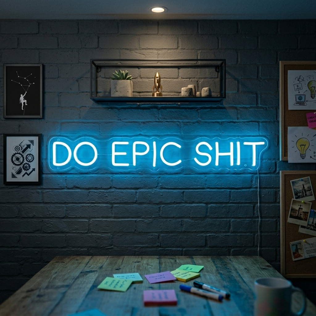 A vibrant 'Do Epic Shit' neon sign with bold lettering glowing in blue and orange lights, mounted on an acrylic backboard with visible wiring against a subtle background.
