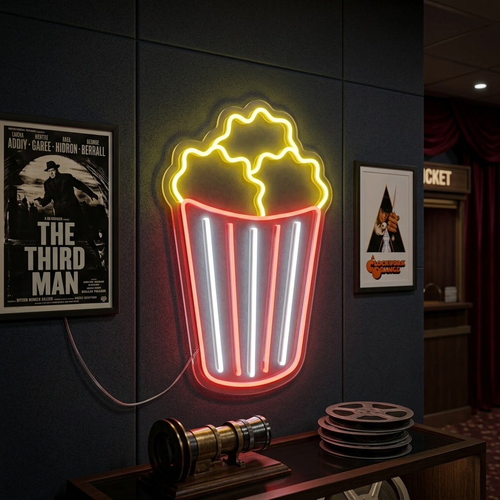 Popcorn neon sign showing classic white popcorn and red bucket glowing brightly on a wall in a home theater setting.