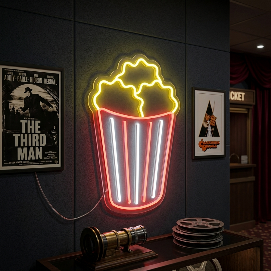 Popcorn neon sign showing classic white popcorn and red bucket glowing brightly on a wall in a home theater setting.