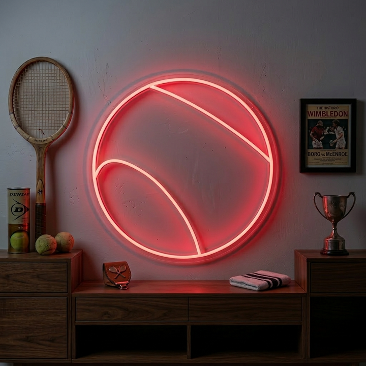 A vibrant 'Tennis Ball' neon sign illuminated on a dark wall, showing its physical structure and bright glow.